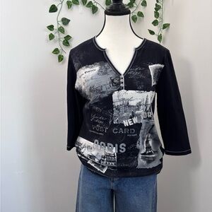 Vintage Blue Canyon Clothing- Black and White Graphic 3/4 Sleeve Top XL